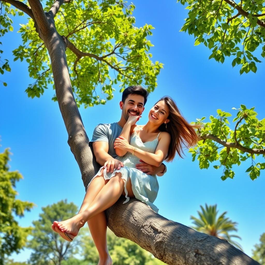 A 32-year-old man sitting comfortably on a tree branch, sharing a moment with his 25-year-old girlfriend who is playfully leaning against him