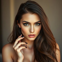 A stunningly attractive white woman with long, flowing brown hair cascading down her shoulders