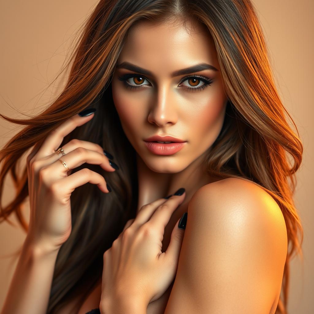 A stunningly attractive white woman with long, flowing brown hair cascading down her shoulders