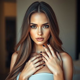 A stunningly attractive white woman with long, flowing brown hair cascading down her shoulders