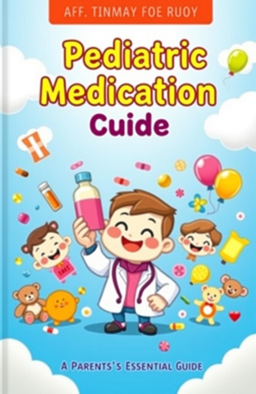 A vibrant and inviting cover design for a pediatric medication guide book, featuring playful and cheerful illustrations
