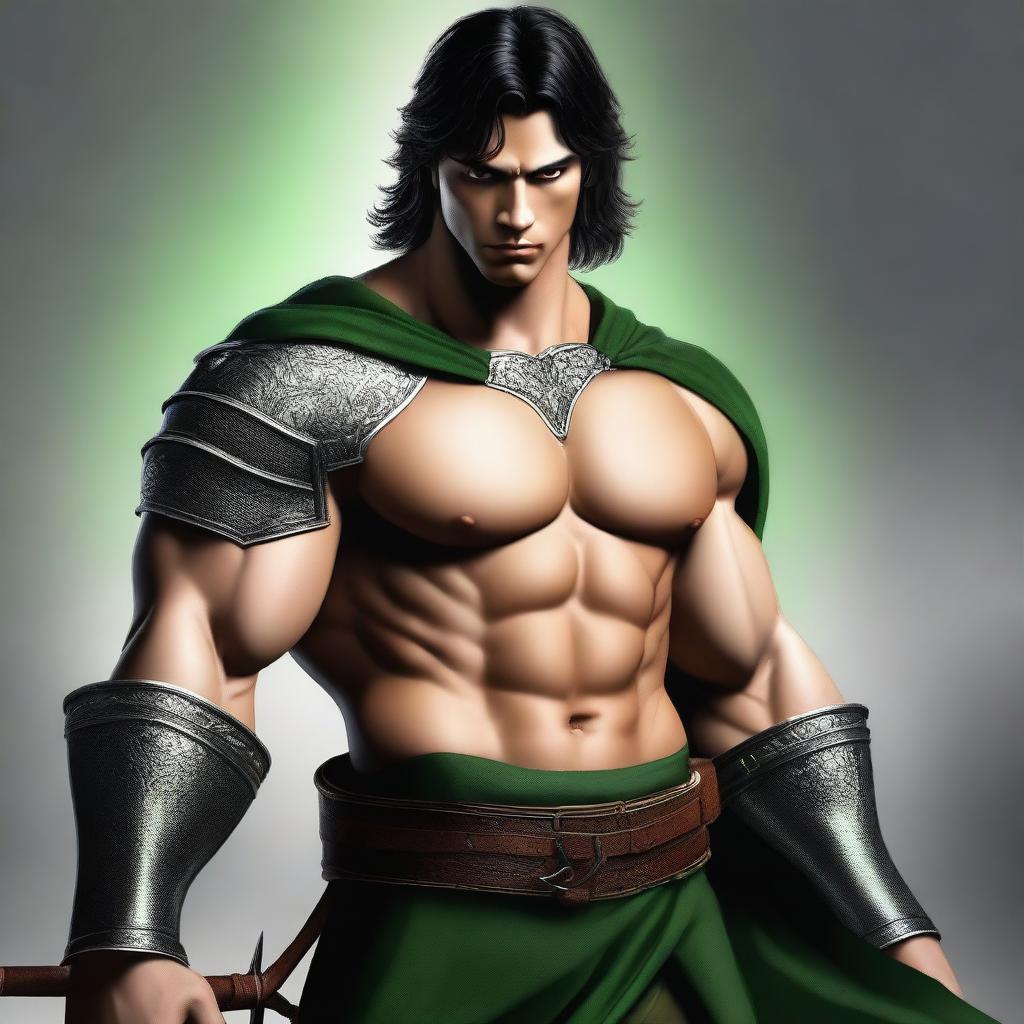 A high-quality digital art image portraying a young, muscular man in medieval times