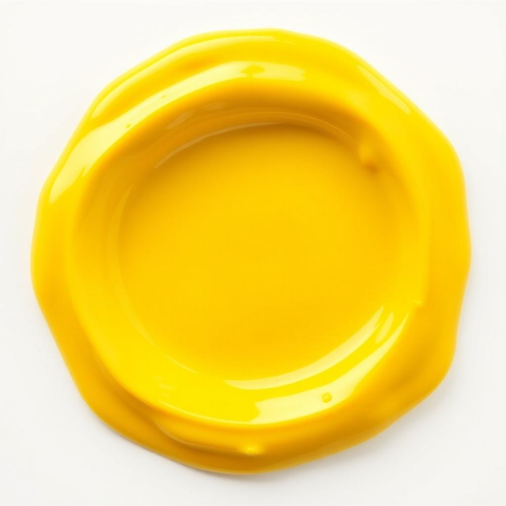 A vibrant circular surface filled with a glossy yellow varnish, creating a smooth and reflective texture