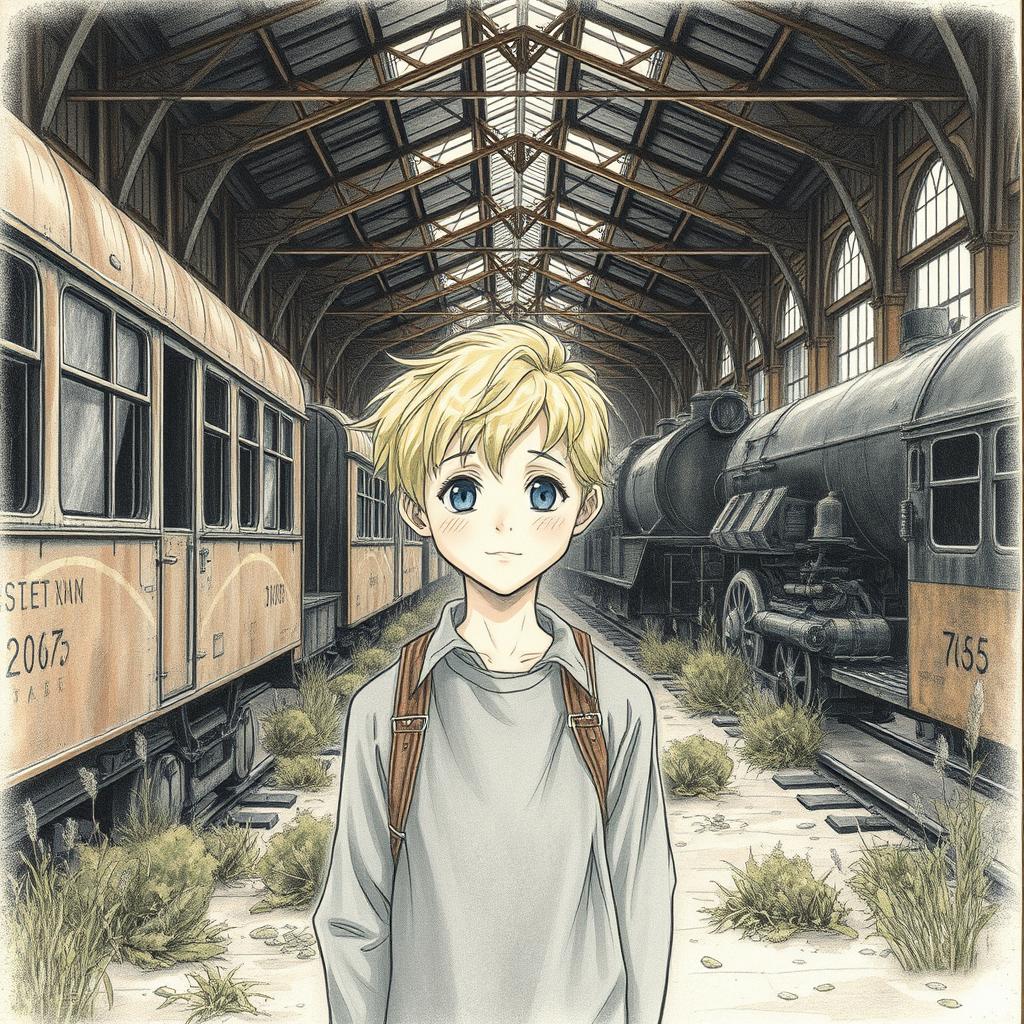 a blonde boy, around 7 years old, standing in an abandoned train station, surrounded by rusty trains and overgrown weeds, the atmosphere is nostalgic and a bit eerie, soft pencil drawing style that captures the delicate details of the boy's expression and the textures of the old train station