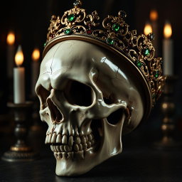 A detailed and striking skull wearing an ornate crown, intricately designed with gemstones and royal motifs