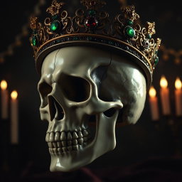 A detailed and striking skull wearing an ornate crown, intricately designed with gemstones and royal motifs