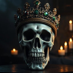 A detailed and striking skull wearing an ornate crown, intricately designed with gemstones and royal motifs