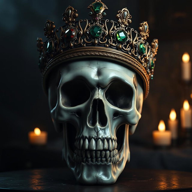 A detailed and striking skull wearing an ornate crown, intricately designed with gemstones and royal motifs