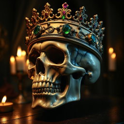 A detailed and striking skull wearing an ornate crown, intricately designed with gemstones and royal motifs