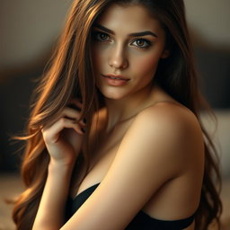 A beautiful young woman with long brown hair cascading down her shoulders, captivating brown eyes that shimmer in the light, and striking black nails