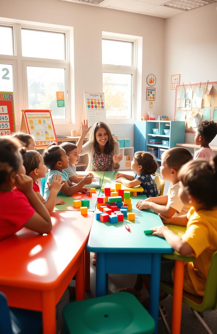 A cheerful classroom scene with a diverse group of young children engaged in a fun lesson, sitting at colorful desks