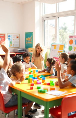 A cheerful classroom scene with a diverse group of young children engaged in a fun lesson, sitting at colorful desks