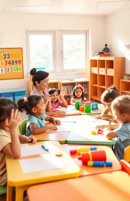 A cheerful classroom scene with a diverse group of young children engaged in a fun lesson, sitting at colorful desks