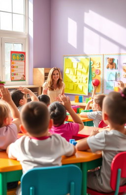 A cheerful classroom scene with a diverse group of young children engaged in a fun lesson, sitting at colorful desks