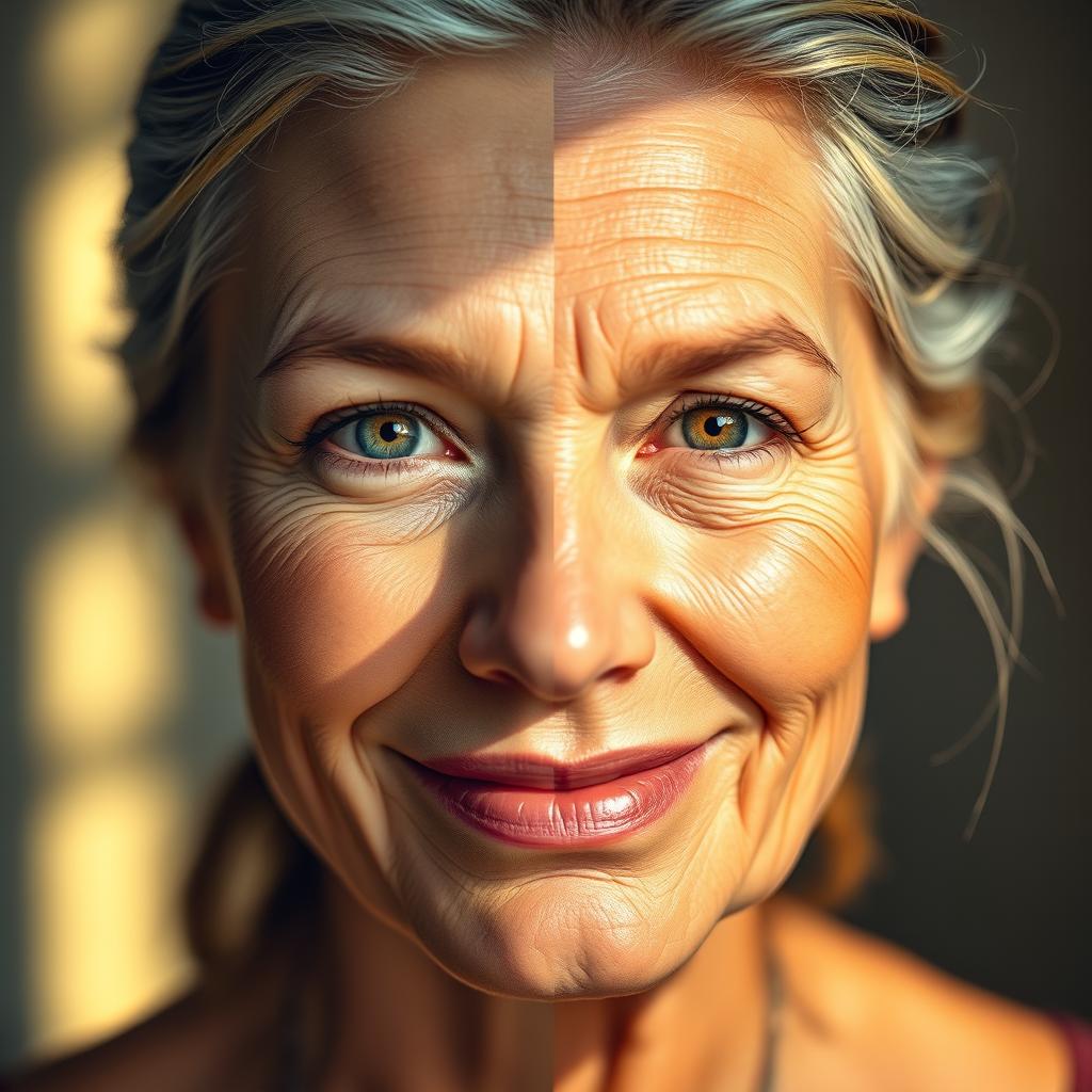A beautifully lit portrait of a face, featuring one half that reflects vibrant youth with smooth, radiant skin, and the other half showcasing a healthy, timeless glow with subtle signs of aging, like gentle wrinkles and a warm, wise expression