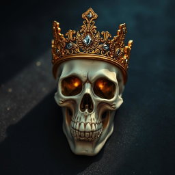 A detailed, realistic skull adorned with an ornate golden crown, featuring intricate designs and sparkling gemstones embedded within it