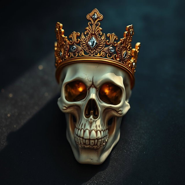 A detailed, realistic skull adorned with an ornate golden crown, featuring intricate designs and sparkling gemstones embedded within it