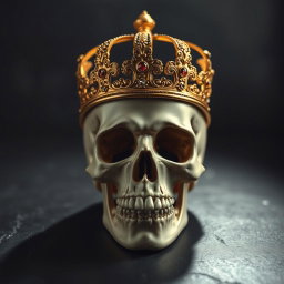 A detailed, realistic skull adorned with an ornate golden crown, featuring intricate designs and sparkling gemstones embedded within it