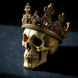 A detailed, realistic skull adorned with an ornate golden crown, featuring intricate designs and sparkling gemstones embedded within it