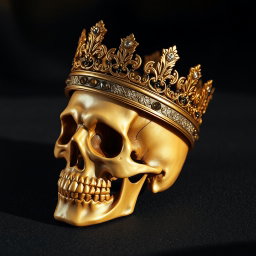 A detailed, realistic skull adorned with an ornate golden crown, featuring intricate designs and sparkling gemstones embedded within it