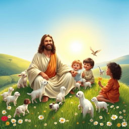 A serene and heartwarming scene depicting Jesus surrounded by children and various gentle animals in a lush, green landscape