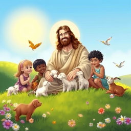 A serene and heartwarming scene depicting Jesus surrounded by children and various gentle animals in a lush, green landscape