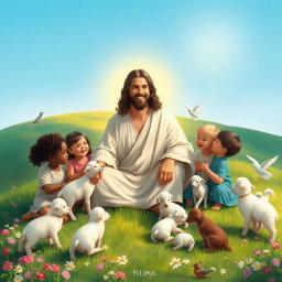 A serene and heartwarming scene depicting Jesus surrounded by children and various gentle animals in a lush, green landscape