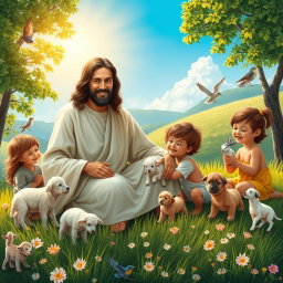 A serene and heartwarming scene depicting Jesus surrounded by children and various gentle animals in a lush, green landscape