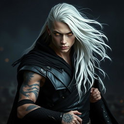 A young male Shadar-kai warlock captured in a serious battle stance, embodying a captivating blend of darkness and elegance