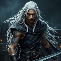 A young male Shadar-kai warlock captured in a serious battle stance, embodying a captivating blend of darkness and elegance