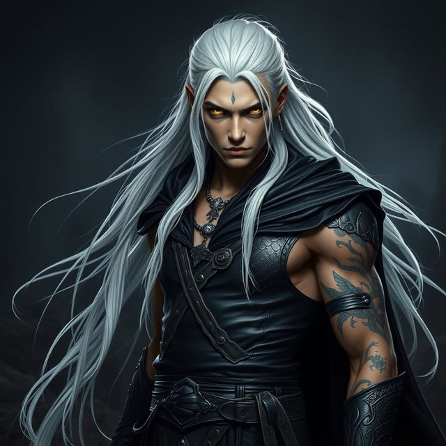 A young male Shadar-kai warlock captured in a serious battle stance, embodying a captivating blend of darkness and elegance