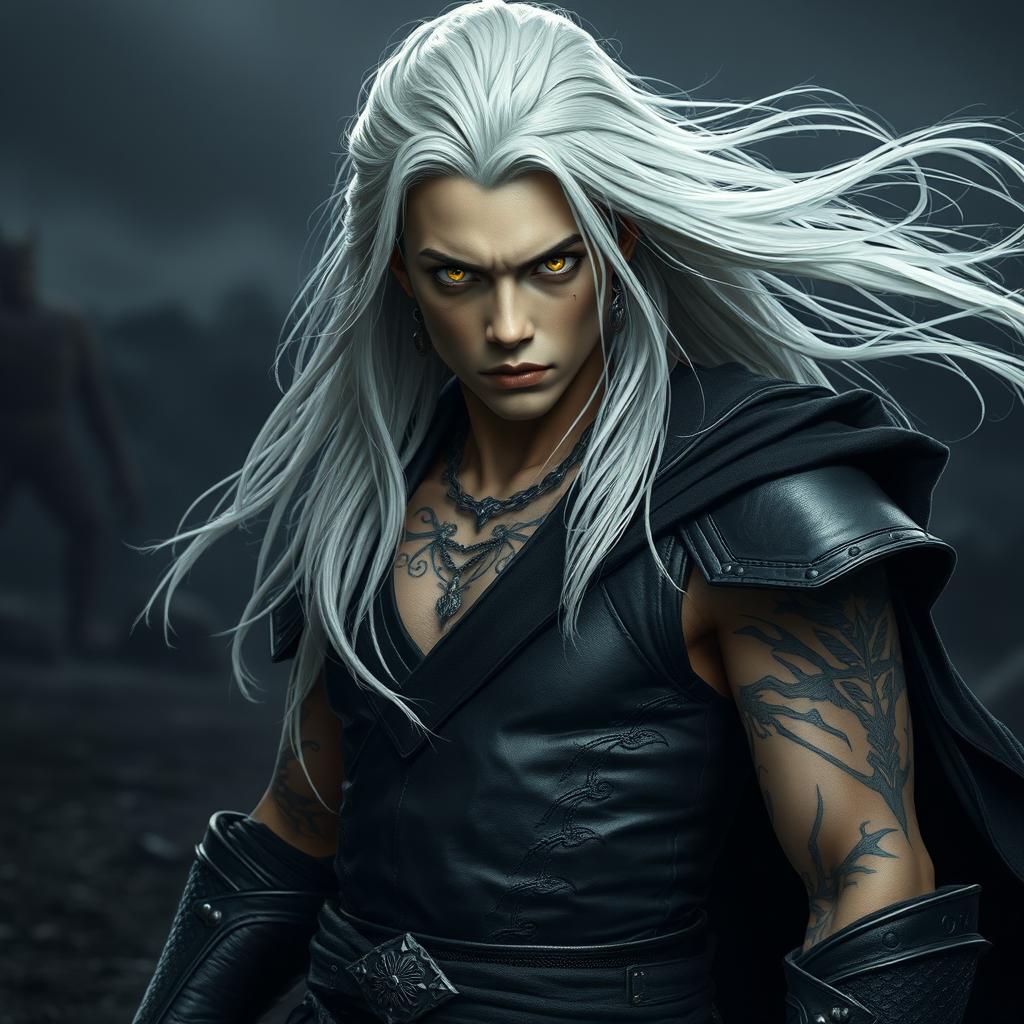 A young male Shadar-kai warlock captured in a serious battle stance, embodying a captivating blend of darkness and elegance