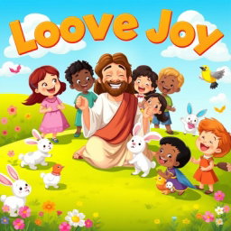A joyful cartoon scene featuring Jesus joyfully interacting with children and adorable animals in a vibrant, animated style