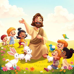 A joyful cartoon scene featuring Jesus joyfully interacting with children and adorable animals in a vibrant, animated style