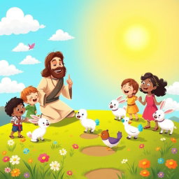 A joyful cartoon scene featuring Jesus joyfully interacting with children and adorable animals in a vibrant, animated style