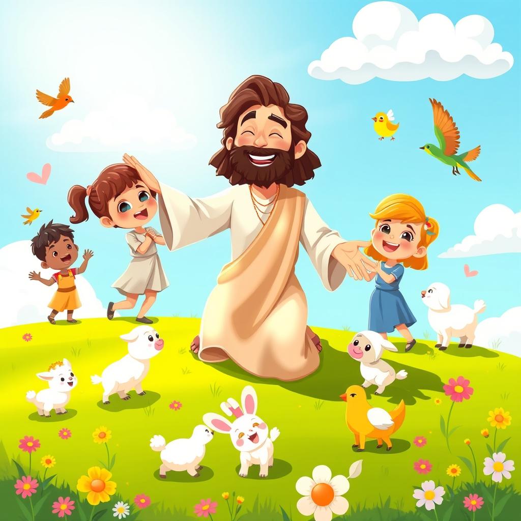 A joyful cartoon scene featuring Jesus joyfully interacting with children and adorable animals in a vibrant, animated style