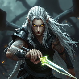 A young male Shadar-kai warlock struck in a serious battle stance, exuding an air of formidable power and determination