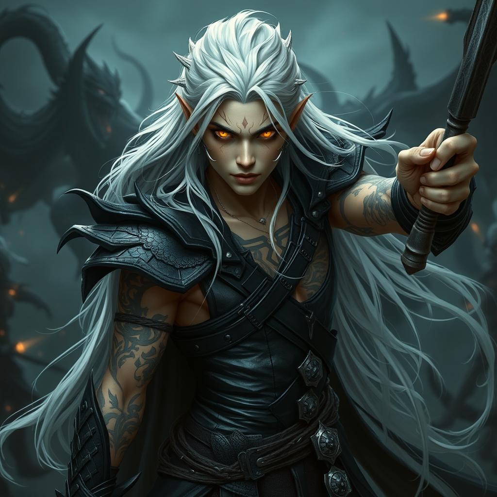 A young male Shadar-kai warlock struck in a serious battle stance, exuding an air of formidable power and determination