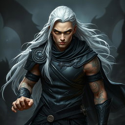 A young male Shadar-kai warlock struck in a serious battle stance, exuding an air of formidable power and determination