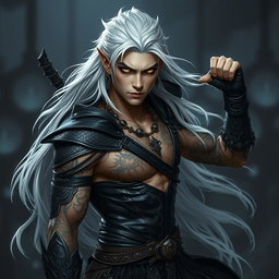 A young male Shadar-kai warlock struck in a serious battle stance, exuding an air of formidable power and determination