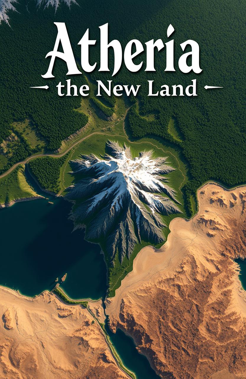 Aerial view of a fictional continent named Atheria, featuring a striking contrast between vast green forests in the northern regions and arid deserts in the southern part