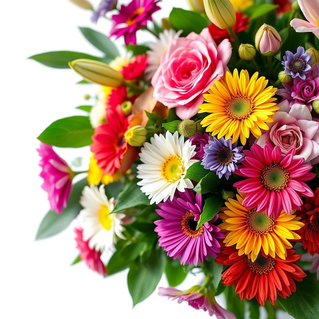 A square-shaped image featuring a close-up of a vibrant flower arrangement showcasing a variety of colorful blooms, including roses, daisies, and lilies, with lush green leaves and soft natural light enhancing the colors