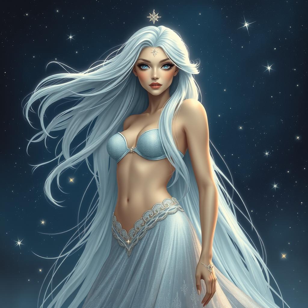 A celestial empress with stunning features, adorned with long, flowing silver hair that glimmers like starlight