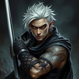 A young male Shadar-kai warlock depicted in an intense battle stance, exuding a powerful aura of mystery and determination