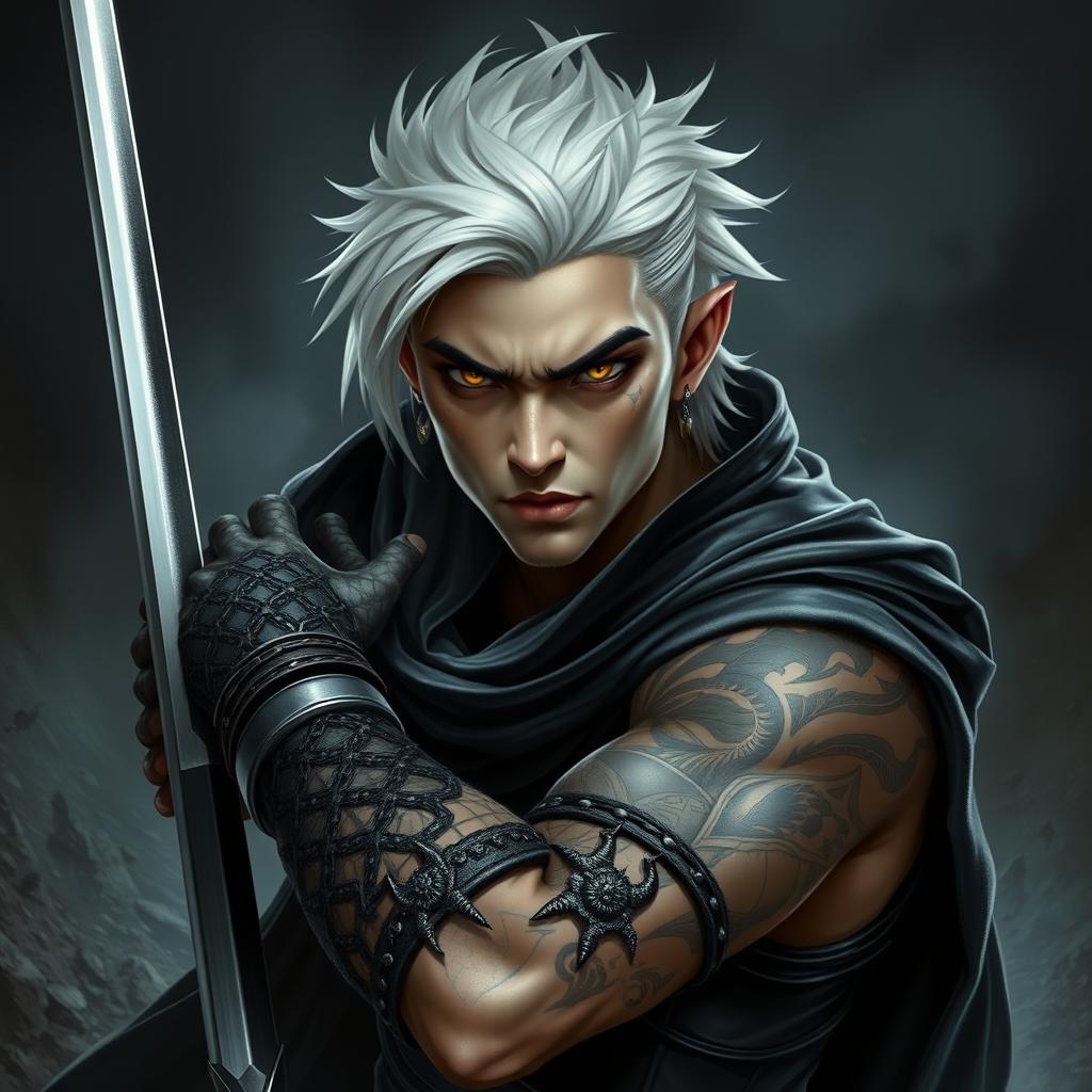 A young male Shadar-kai warlock depicted in an intense battle stance, exuding a powerful aura of mystery and determination