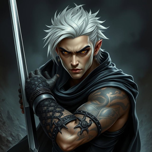 A young male Shadar-kai warlock depicted in an intense battle stance, exuding a powerful aura of mystery and determination
