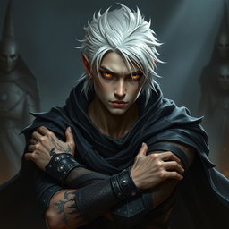 A young male Shadar-kai warlock depicted in an intense battle stance, exuding a powerful aura of mystery and determination