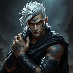 A young male Shadar-kai warlock depicted in an intense battle stance, exuding a powerful aura of mystery and determination