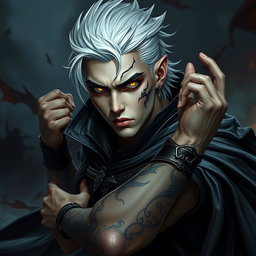 A young male Shadar-kai warlock depicted in an intense battle stance, exuding a powerful aura of mystery and determination