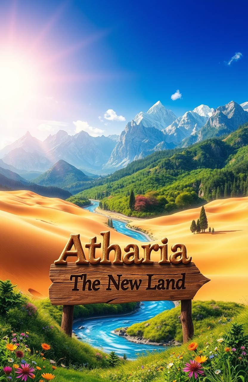 A stunning fantasy landscape depicting the country of Atharia, showcasing a vast desert with rolling sand dunes under a bright blue sky, a majestic mountain range with towering peaks in the background, and a lush green forest with vibrant foliage nestled at the foot of the mountains